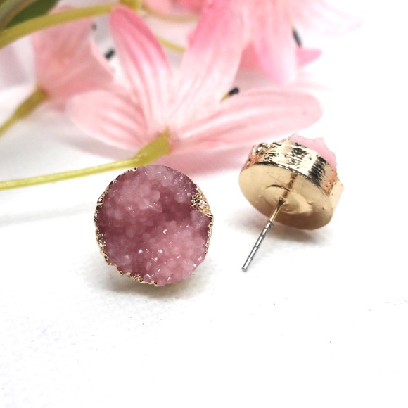 NEW π Pink Druzy Quartz stud earrings - Picture 2 of 7